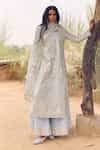 Buy Aqua Chanderi, Organza Gota Patti Round Neck Blue Embroidered Kurta ...