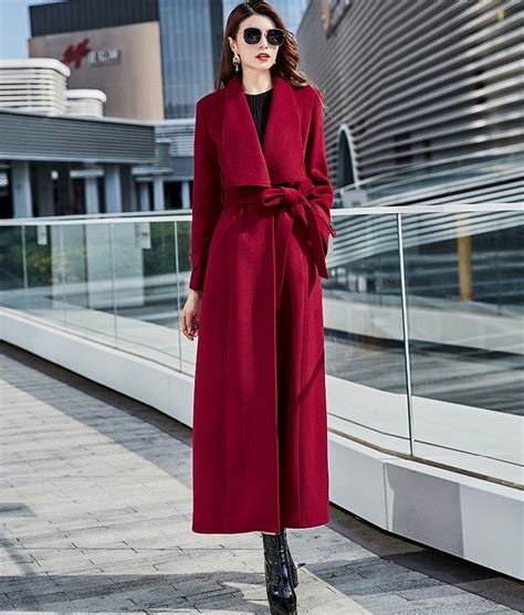 Long Wool Coat, Wool Trench Coat for Women, Wine Red Wool Maxi Coat ...