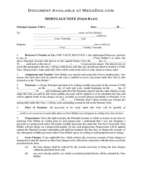 vermont fixed rate mortgage note | MegaDox.com