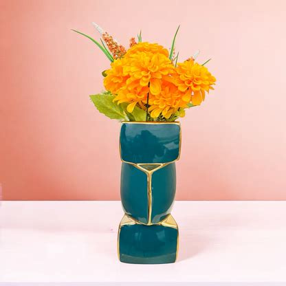 Modern Geometric Metal Vase with Glossy Teal and Gold Finish – Feel ...