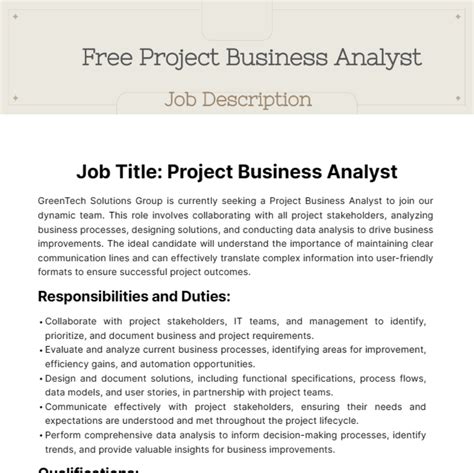 Free Project Business Analyst Job Description Template to Edit Online