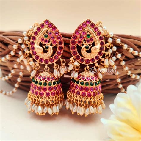 Rice Pearl Peacock Jhumka with Mattal – Aadai Alangaram