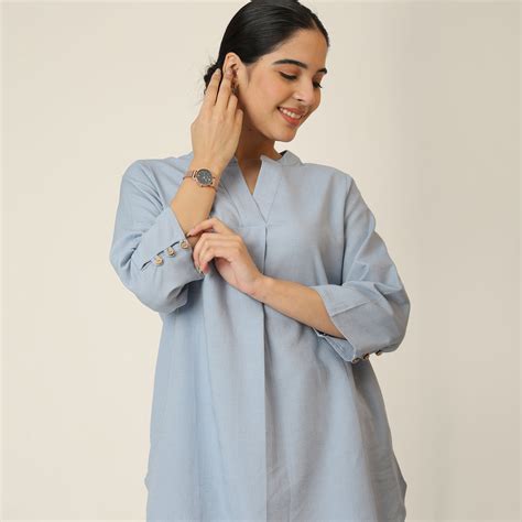 Saltpetre Women Short Length Split Neck Tunic In Natural Dusty Blue For ...