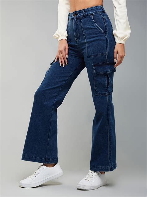 24/7 Comfort Blue Wide Leg High-Rise Stretchable Denim Cargo Jeans