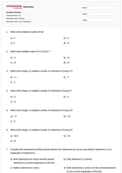 50+ Oxidation worksheets for Class 12 on Wayground | Free & Printable
