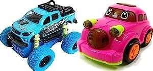 Car Toy Realistic Movements Pink & Mini Monster Trucks Friction Powered ...
