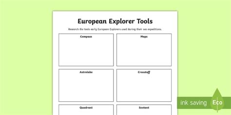 Early European Explorers Navigation Tools Research Worksheet / Worksheet