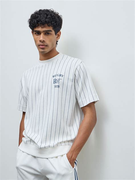 Buy Nuoflexx White Striped Relaxed-Fit Cotton-Blend T-Shirt from Westside