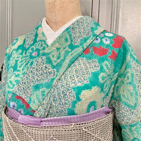 翡翠の花壇＊ワイド 身幅広め エメラルドグリーン 緑 大人浴衣 有松鳴海絞り浴衣 B185 | kimono tento