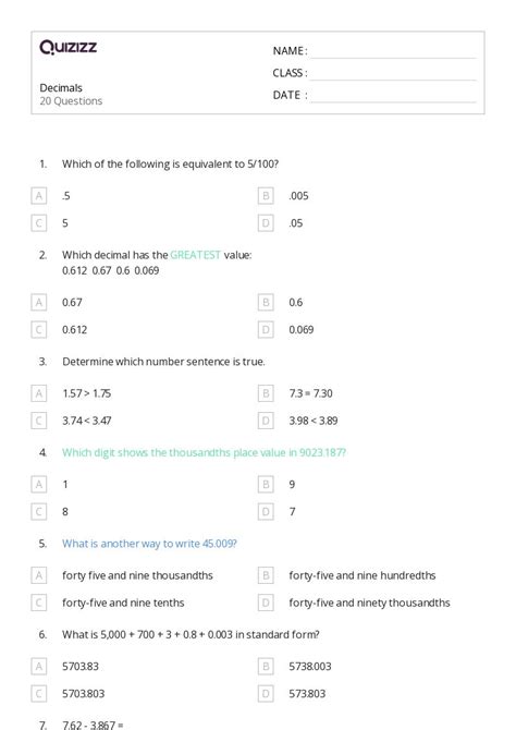 50+ Decimals worksheets for 4th Class on Quizizz | Free & Printable