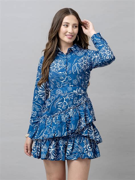 Hestia Blue Floral Print Shirt Dress – Hauteque
