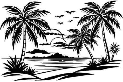 Un disegno in bianco e nero di palme e un tramonto sulla spiaggia ...