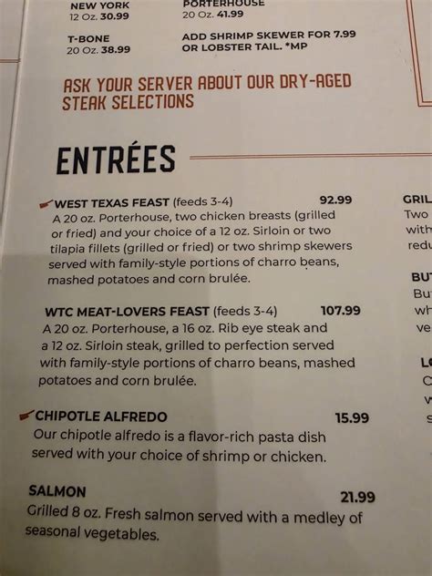 Menu at West Texas Chophouse steakhouse, El Paso