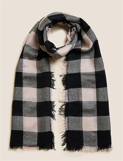 Buy Checked Fringed Scarf with Wool at Marks & Spencer