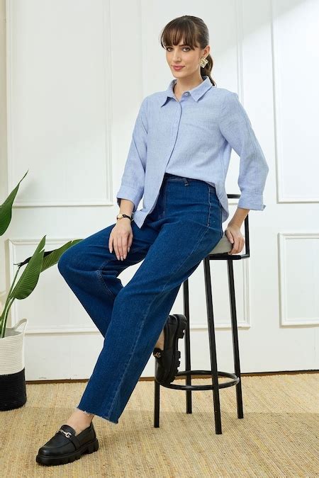 Light Blue Solid Casual Three-Quarter Sleeves Shirt Collar Women ...
