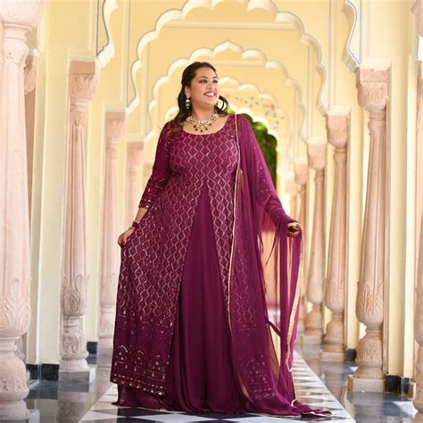 Buy Wine Thread Embroidered Georgette Anarkali Dress | Meera Plus Size