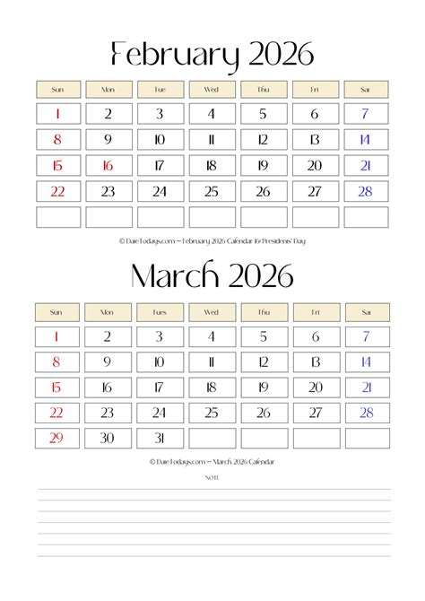 February March 2026 Calendar Printable PDF - 2 Month Calendar