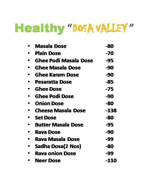 Menu of Healthy Dosa valley, Varthur Main Road, Whitefield, Bangalore