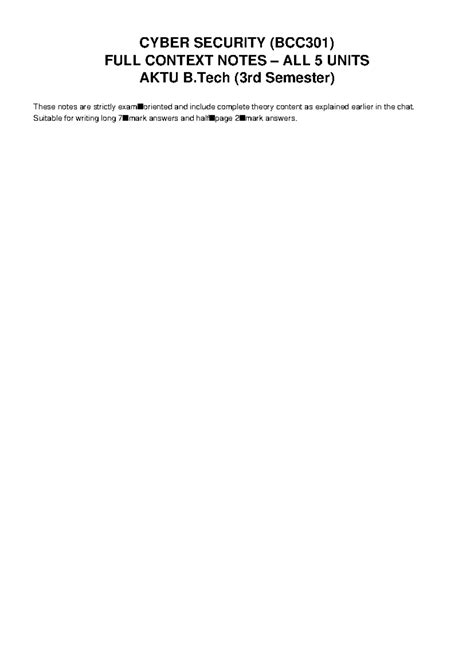 CYBER SECURITY (BCC301) COMPLETE NOTES FOR ALL 5 UNITS - Studocu