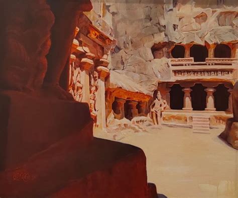 "In The Light And Shade Of Kailas Temple": Brown Acrylic Painting by ...
