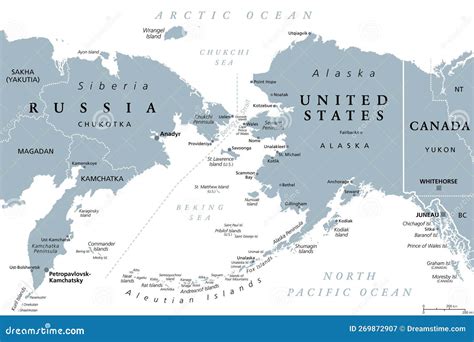 Russia And United States, Maritime Boundary, Gray Political Map Cartoon ...