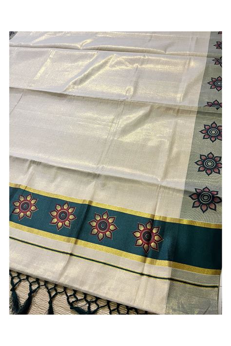 Kerala Tissue Kasavu Saree with Floral Block Prints in Dark Green Bord ...