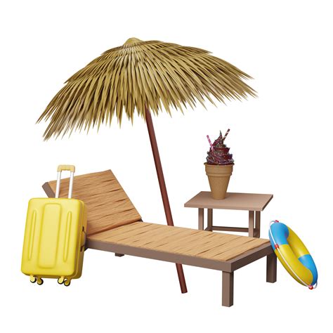 beach chair with palm leaf, umbrella, lifebuoy, suitcase, ice cream ...