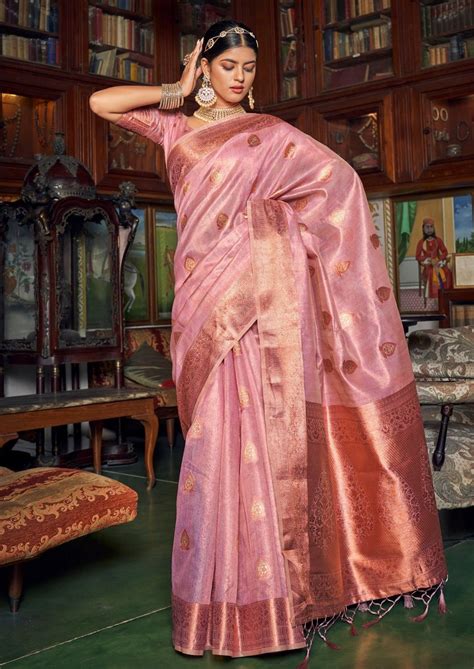 Shop Pure Banarasi Tissue Pink Handloom Saree Online India USA UK – Sunasa