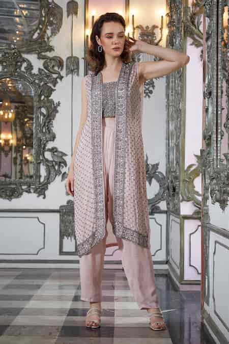 Buy Peach Georgette Embroidery Round Neck Floral Jacket And Dhoti Pant ...