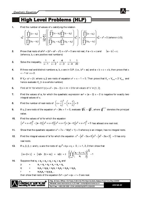 Resonance HLP Problems: Quadratic Equations and Their Roots - Studocu