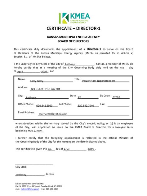 Fillable Online Appointment Certificate for Kmea Board of Directors Fax ...