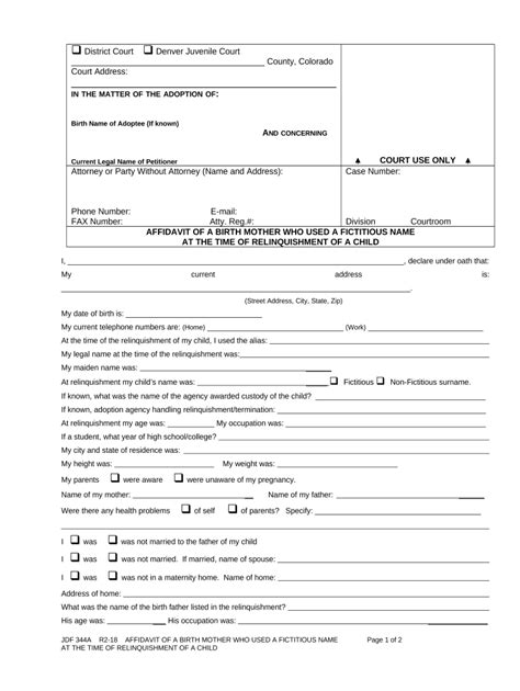 Affidavit of a Birth Mother Who Used a Fictitious Name - Blank Fillable ...