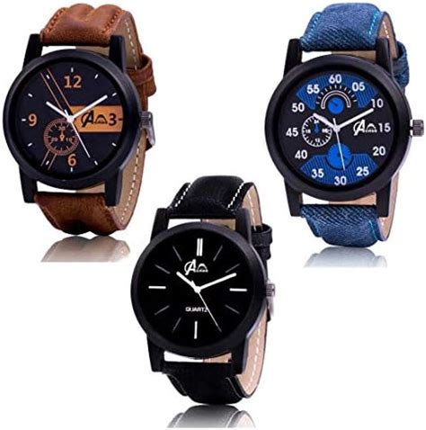 Acnos Premium Brown Blue and Black Leather Analog Watches for Men Pack ...