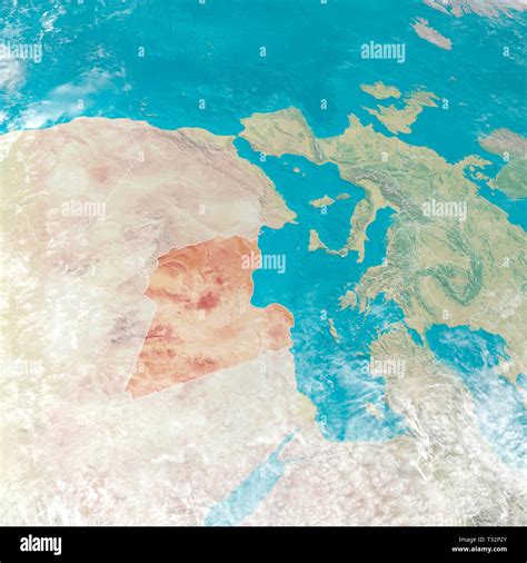 Physical map with reliefs of Libya, Libyan state in evidence. 3d map of north Africa and Europe ...
