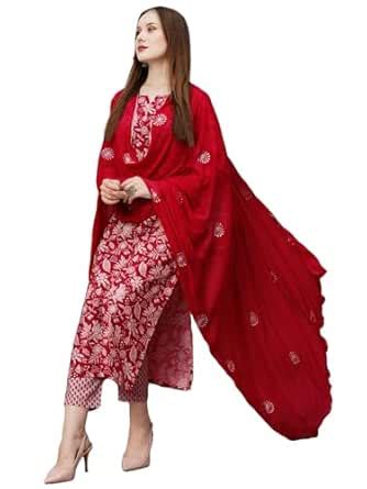 Buy GoSriKi Women's Cotton Blend Straight Printed Kurta with Pant ...
