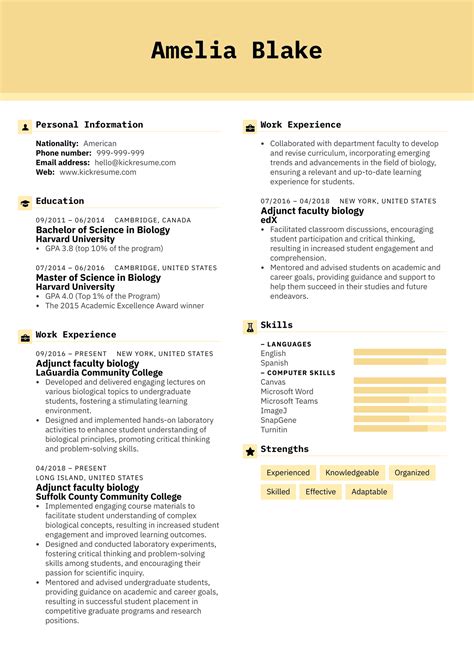 Adjunct Faculty Biology Resume Sample | Kickresume