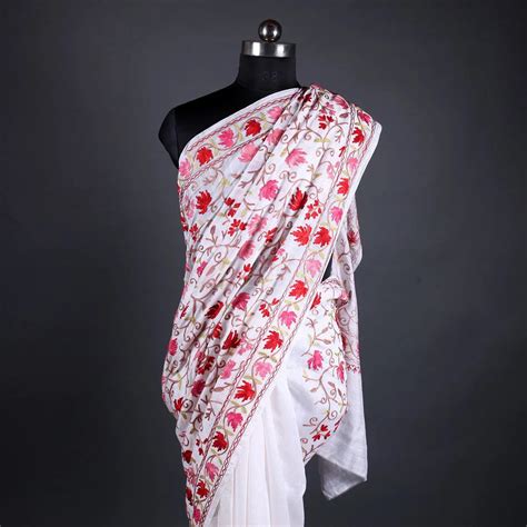 White Silk Saree | Aari Embroidered Chinar Motif Saree – Kashmir origin
