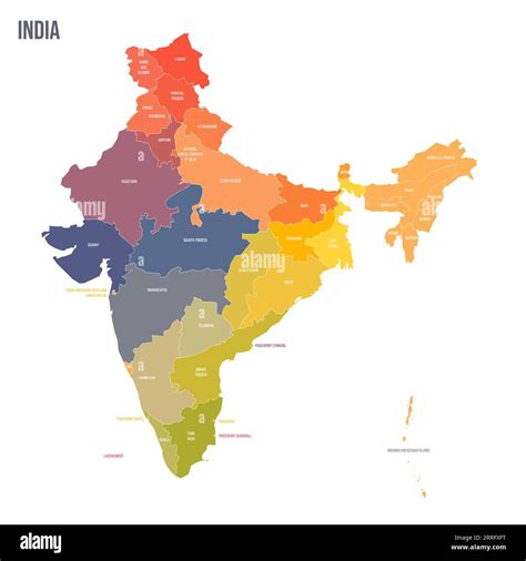 India political map of administrative divisions - states and union teritorries. Colorful ...