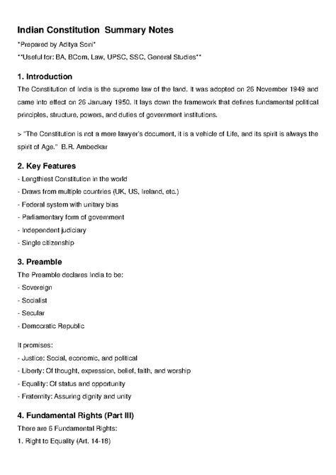 Indian Constitution Summary Notes for BA, BCom, Law, UPSC, SSC - Studocu