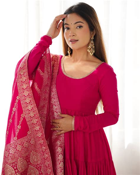 Rani Pink Color Pure Roman Silk Ruffle Style Anarkali Suit – subhvastra