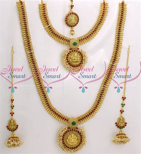 BR9041 Full Bridal Temple Jewellery Set Red Green Kemp Stones ...