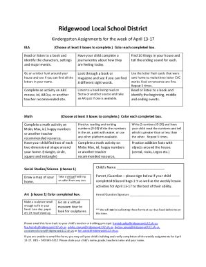 Fillable Online Ridgewood Local School District: Kindergarten ...