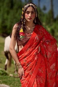 Buy Red Organza And Shantoon Cutdana, Floral Print, Sequins, Moti ...