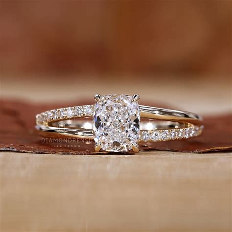 Elongated Cushion Cut Engagement Ring, Split Shank Pave Wedding Ring ...
