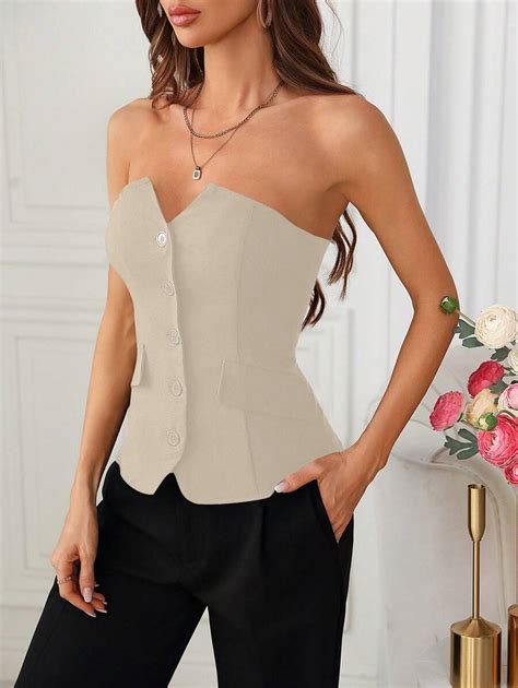 SHEIN Clasi Plus Size Women Button Front Tube Top Strapless Top | SHEIN USA