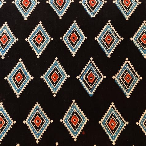 Pre-Cut 2 Meters Pure Cotton Ajrak Black With Blue Rust Intricate Diam ...