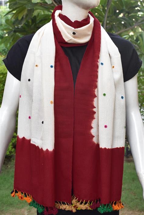 Hand woven Kutch Merino Wool Stole with Mirror work and tassels ...