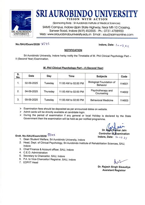 Examination time table for M.Phil. Clinical Psychology (Part - 2) Exam