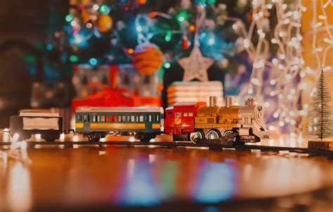 Wallpaper holiday, toy, tree, new year, train, Christmas, railroad ...