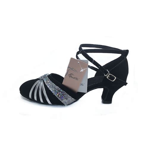 Women's Latin Dance Shoes – Black Suede Ballroom Heels with Gold Straps ...